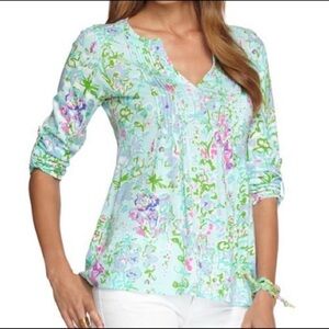 Lilly Pulitzer Pastel Floral Southern Charm Blouse in Pool Blue Size M NWT